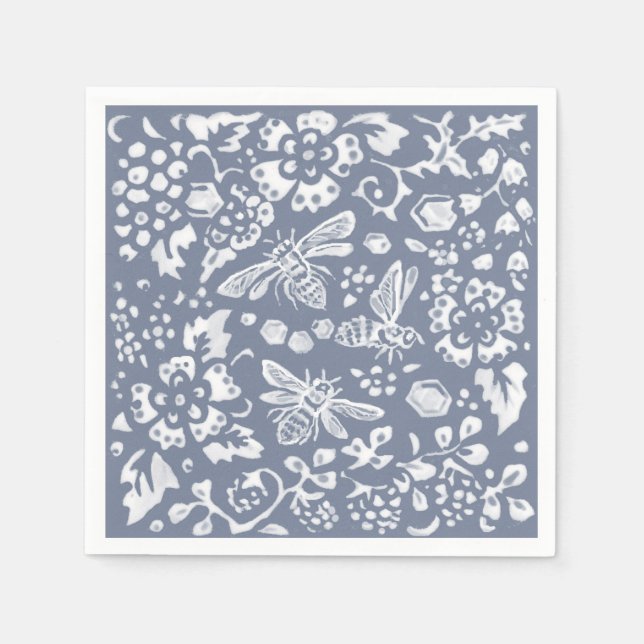 Serviette En Papier Joli bleu blanc abeille Floral Motif (Devant)