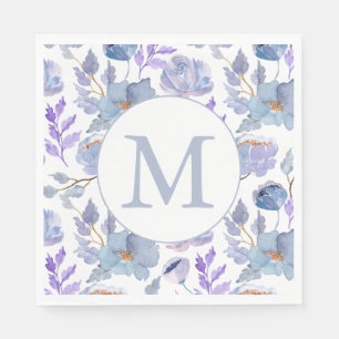 Serviette En Papier Joli bleu bleu Lilac Aquarelle Floral Monogramme