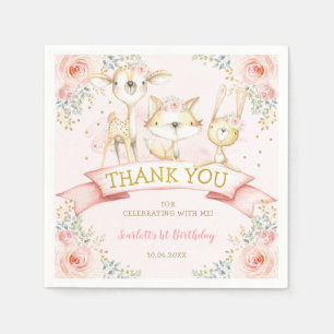 Serviette En Papier Joli Blush or Floral Bois Animaux Anniversaire
