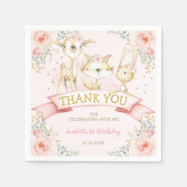 Serviette En Papier Joli Blush or Floral Bois Animaux Anniversaire (Devant)