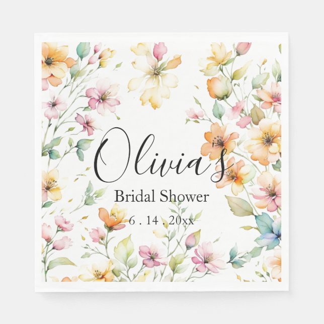 Serviette En Papier Joli Boho Orange rose Aquarelle Fleurs sauvages (Devant)