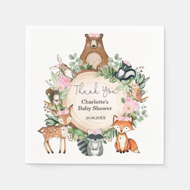 Serviette En Papier Joli boisé Animaux Bébé Fille Douche Anniversaire (Devant)