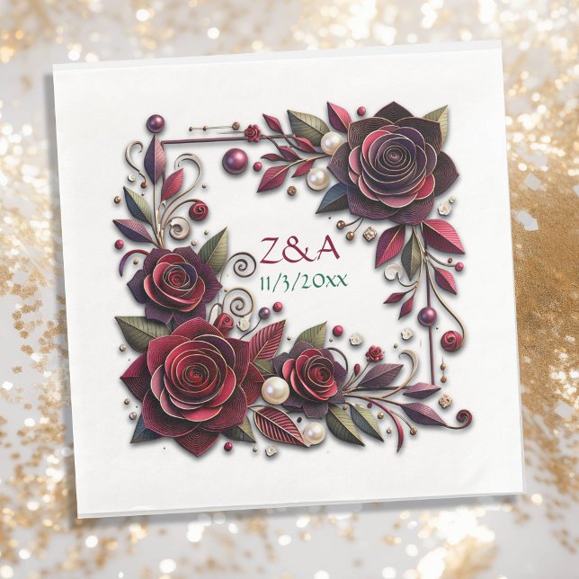 Serviette En Papier Joli Bourgogne Rose Floral Monogramme (Créateur téléchargé)
