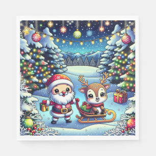 Serviette En Papier Joli Cartoon Père Noël et Reindeer Noël