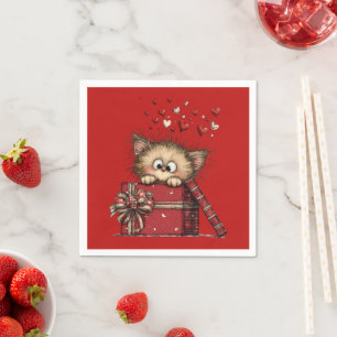 Serviette En Papier Joli Chat de Dessin Animé avec des Cœurs