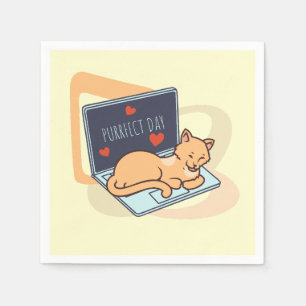 Serviette En Papier Joli chat d'ordinateur endormi
