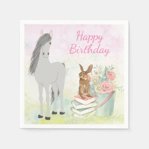 Serviette En Papier Joli cheval, lapin et fleurs Joyeux anniversaire