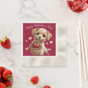 Serviette En Papier Joli chiot de la Saint-Valentin avec des cœurs rou