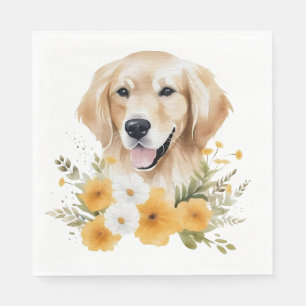 Serviette En Papier Joli chiot Golden Retriever aquarelle florale chie
