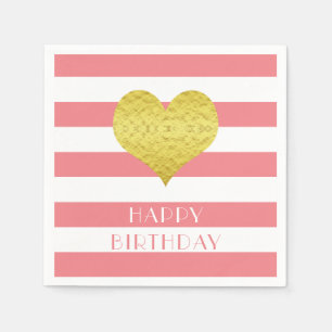 Serviette En Papier Joli cœur doré rayures roses joyeux anniversaire