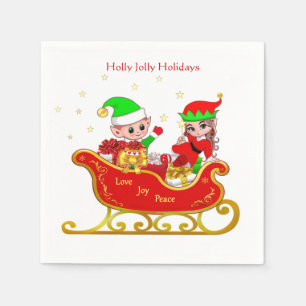 Serviette En Papier Joli elfe de Noël en traîneau avec des présents