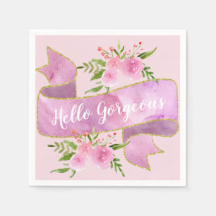 Serviette En Papier Joli Fleur Rose Pâle Bonjour Magnifique Or