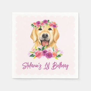 Serviette En Papier Joli Golden Retriever et Fleurs pourpres Anniversa