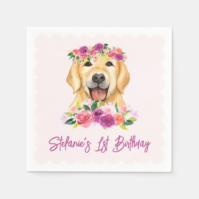 Serviette En Papier Joli Golden Retriever et Fleurs pourpres Anniversa (Devant)