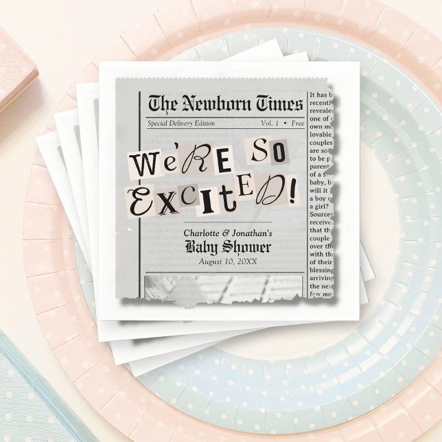 Serviette En Papier Joli journal Le New-born Times Baby shower (Cute The Newborn Times newspaper gender neutral baby shower paper napkins, table decorations)