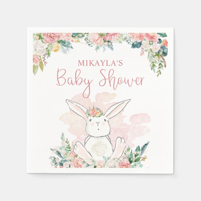 Serviette En Papier Joli Lapin Boisé Rose Baby shower Floral (Devant)