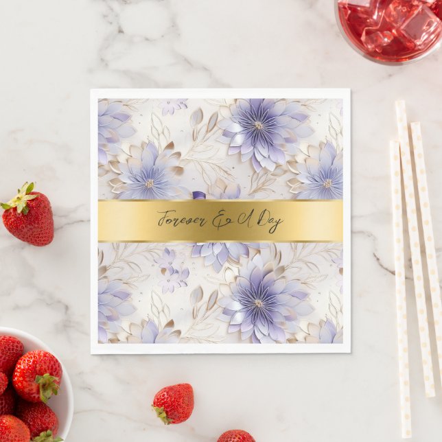 Serviette En Papier Joli Mariage Floral Pearl d'or violet (En situation)