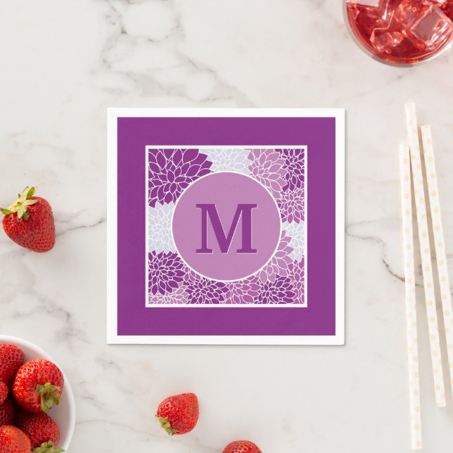 Serviette En Papier Joli Monogramme Moderne Purple Floral Pattern Part (En situation)