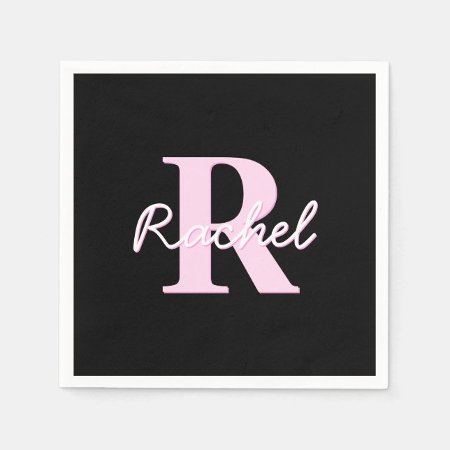 Serviette En Papier Joli monogramme personnalisable | Rose clair et no (Devant)