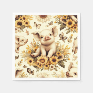Serviette En Papier Joli Motif de cochon de tournesol Vintage