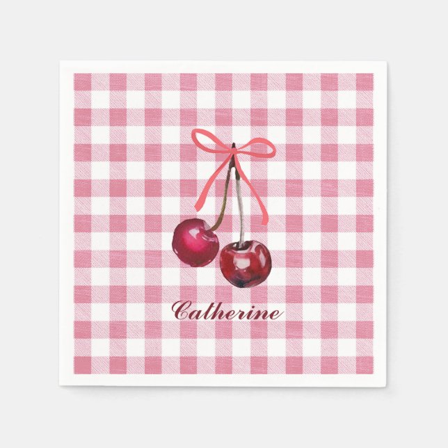 Serviette En Papier Joli Nœud Fillette Rose Cerise Gingham Carreaux No (Devant)