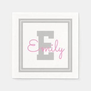 Serviette En Papier Joli nom encadré & monogramme   Gris clair & Rose