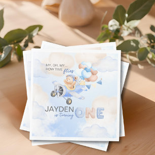 Serviette En Papier Joli Ours en Bleu Pastel Brun qui Fête son Premier