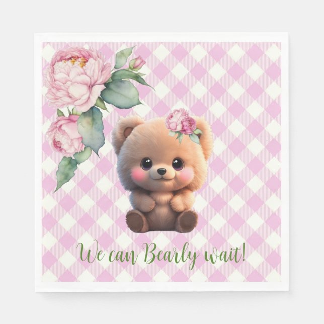 Serviette En Papier Joli ours en peluche rose en vichy Baby shower fle (Devant)