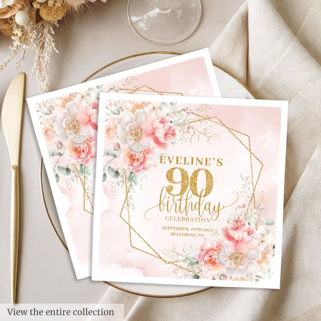 Serviette En Papier Joli papier d'or rose roux 90e anniversaire (Delightful blush pink gold 90th birthday paper Napkins)