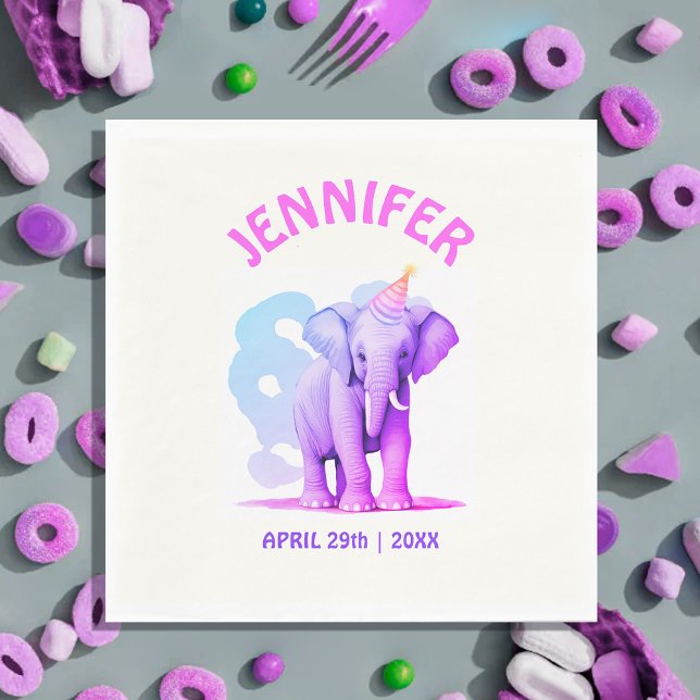 Serviette En Papier Joli Pastel Bébé rose violet Eléphant Aquarelle (Créateur téléchargé)