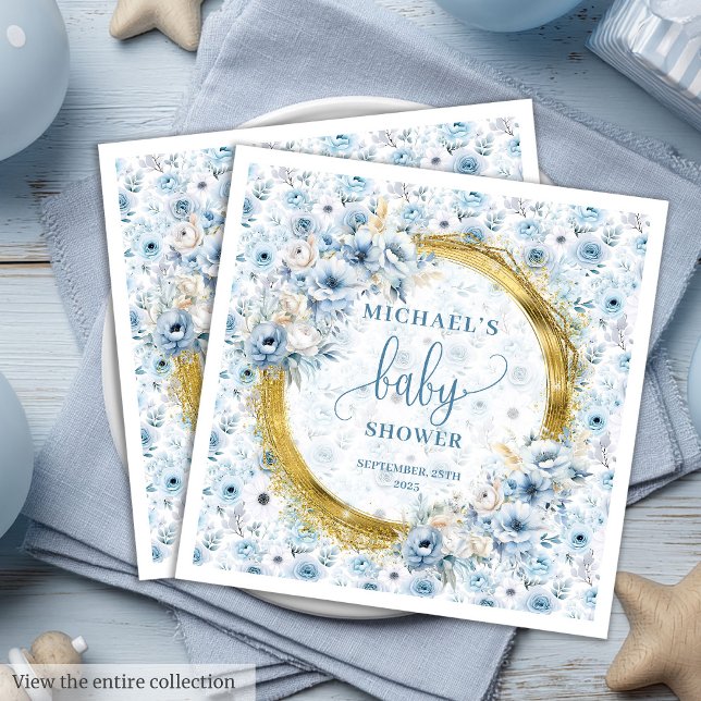 Serviette En Papier Joli pastel bleu fleurs or baby shower serviette (Pretty pastel blue flowers gold baby shower napkins)