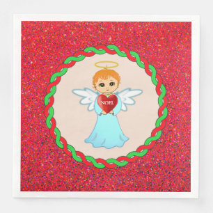Serviette En Papier Joli petit ange de Noël sur fond beige et rouge