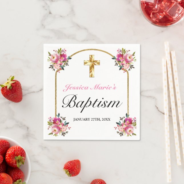 Serviette En Papier Joli PInk Floral Gold Cross Baptism (En situation)