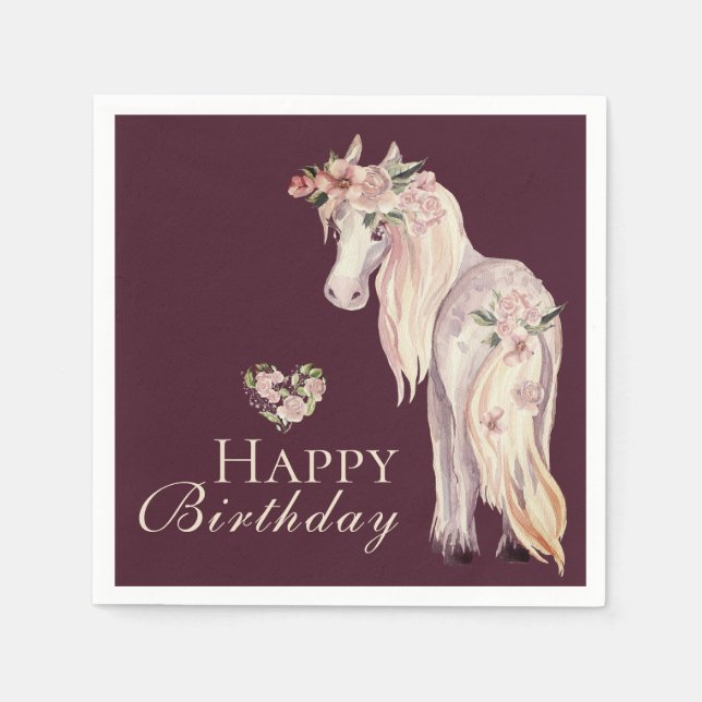 Serviette En Papier Joli Pony et Cheval de Fleurs Joyeux Anniversaire (Devant)