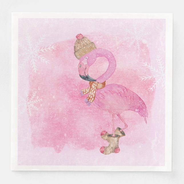 Serviette En Papier Joli rose Noël Flamant rose d'hiver Oiseau (Devant)