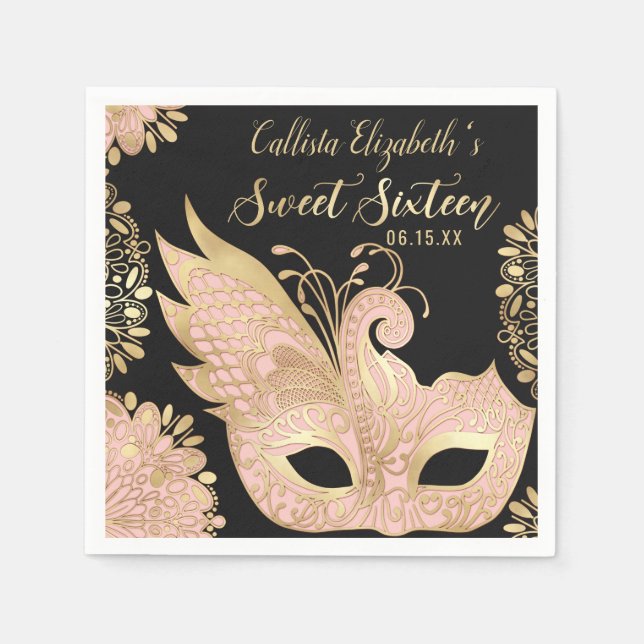 Serviette En Papier Joli rose or noir Mascarade Masque Sweet 16 (Devant)