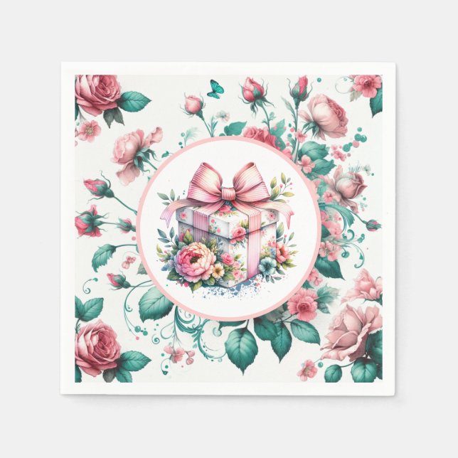 Serviette En Papier Joli rose Shabby Chic Floral Anniversaire (Devant)