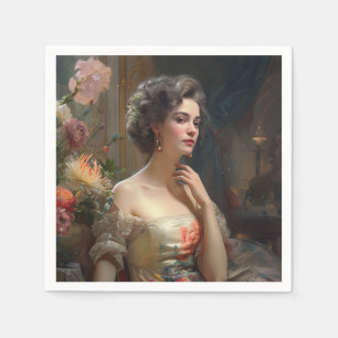 Serviette En Papier Jolie Dame En Robe Fleurs De Soie.