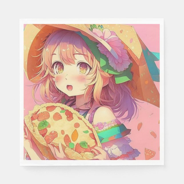 Serviette En Papier Jolie fille Anime tenant une pizza (Devant)