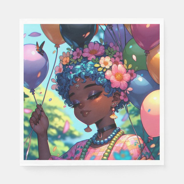 Serviette En Papier Jolie fille d'Anime noire avec anniversaire (Devant)