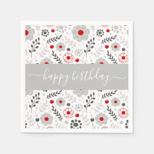 Serviette En Papier Jolie moderne Fleurs rouges et gris Anniversaire