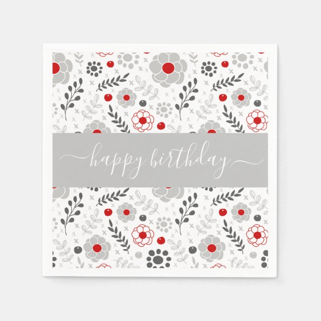 Serviette En Papier Jolie moderne Fleurs rouges et gris Anniversaire (Devant)
