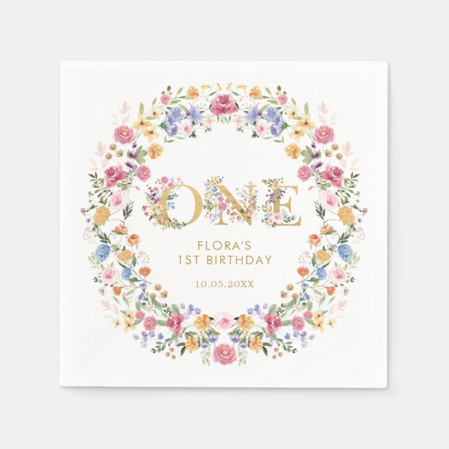 Serviette En Papier Jolie petite fille Fleur sauvage 1ère fête d'anniv (Devant)