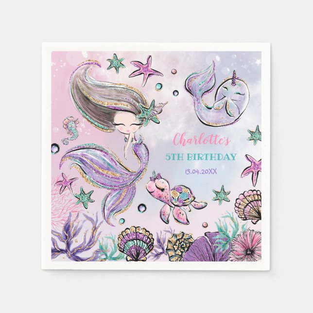 Serviette En Papier Jolie Sirène Tortue de mer Narwhal Birthday Girl (Devant)