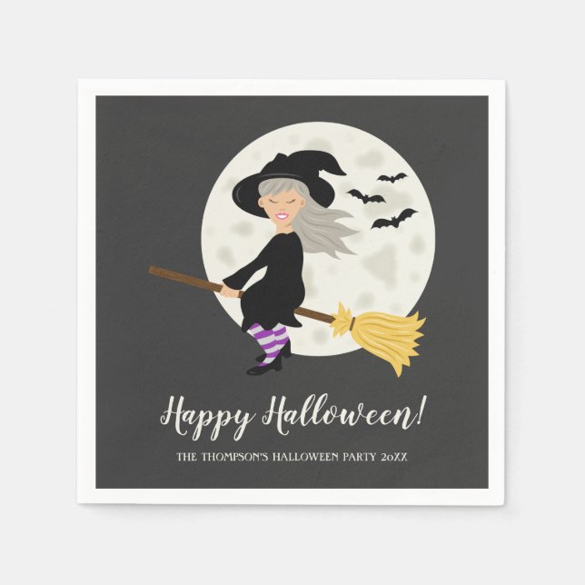 Serviette En Papier Jolie Sorcière Volant Sur Une Partie D'Halloween B (Devant)