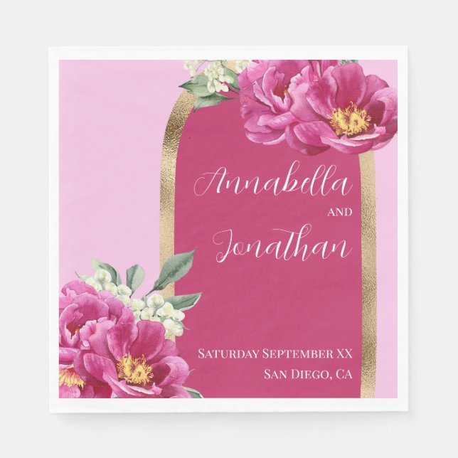 Serviette En Papier Jolies pivoines roses avec or sur Mariage rose (Devant)