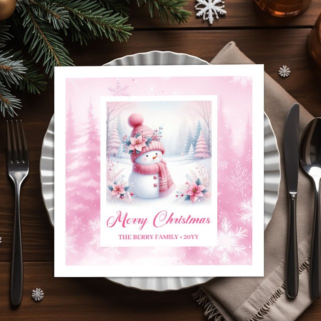 Serviette En Papier Jolly Pink Snowman Christmas Scene Napkins Kids   (Jolly Pink Snowman Christmas Scene Napkins Kids Holiday)