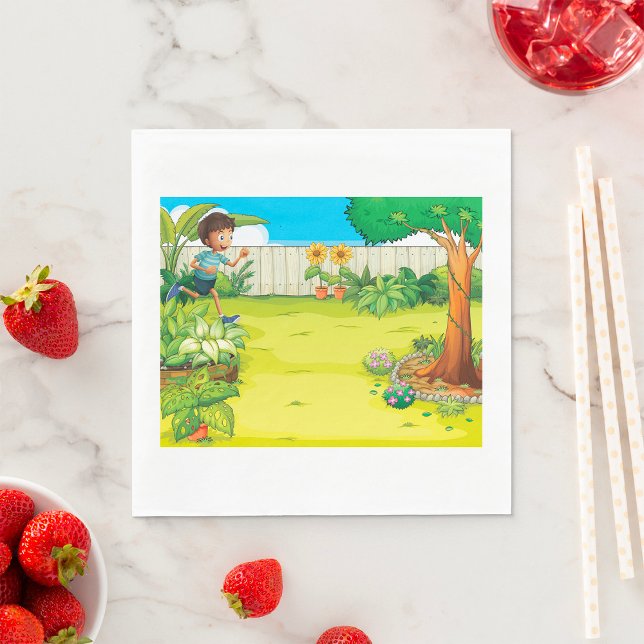 Serviette En Papier Joueur garçon courir dans un Jardin vert luxuriant (Créateur téléchargé)