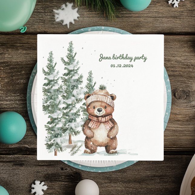 Serviette En Papier Jour d'anniversaire de l'ours vert d'hiver Forêt (Créateur téléchargé)