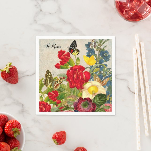 Serviette En Papier Jour des mères Jardin oeillets papillons Rose (En situation)